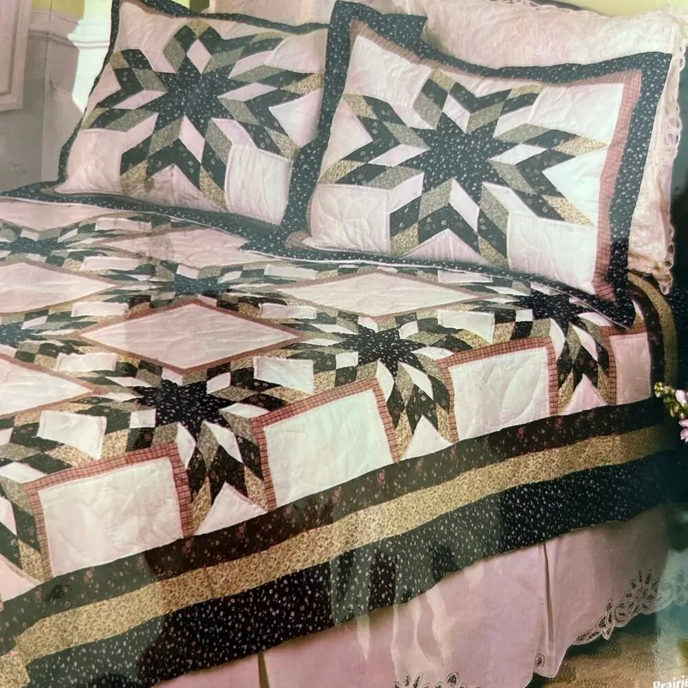 Vintage Handcrafted Lone Star Patchwork roses floral king Quilt and 2 shams